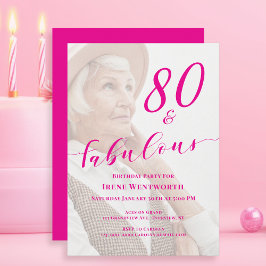 80 and Fabulous Birthday Pink Photo Overlay Script Inbjudningar