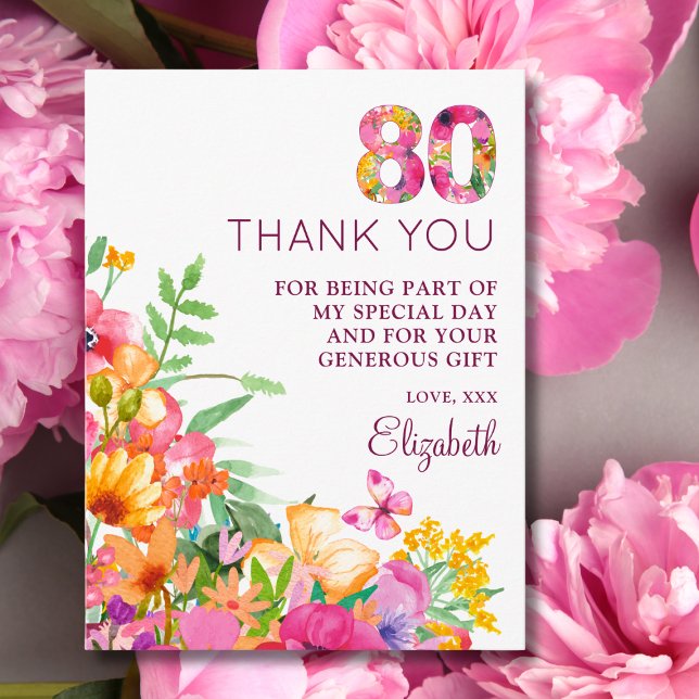 80 år blommor fjäril 80-årsdag Tack Meddelande Vykort (Skapare uppladdad)