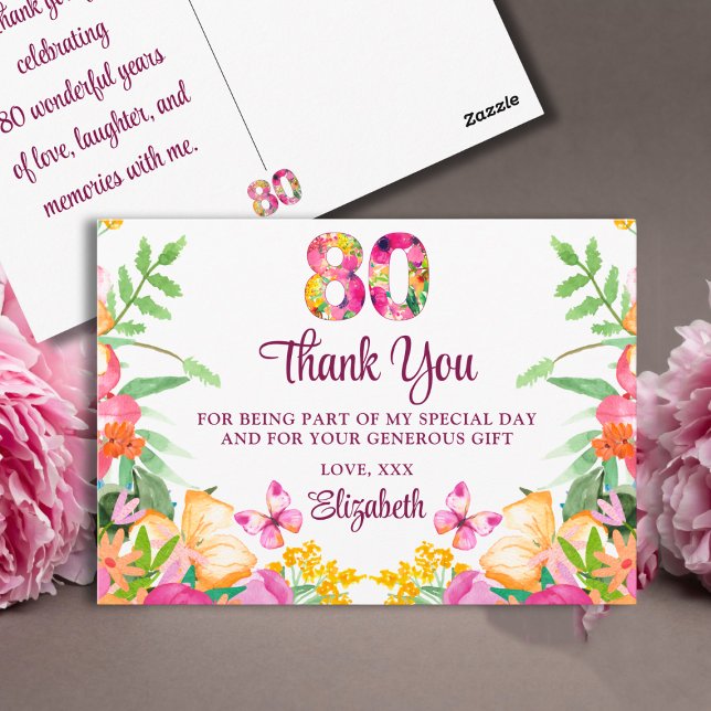80 år blommor fjäril 80-årsdag tack vykort (Skapare uppladdad)