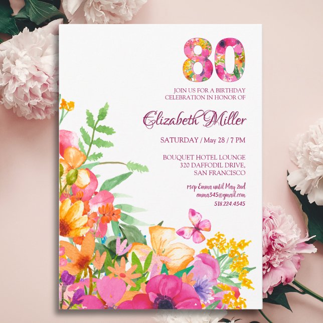 80 år blommor fjärilar 80-årsdag inbjudningar (Skapare uppladdad)