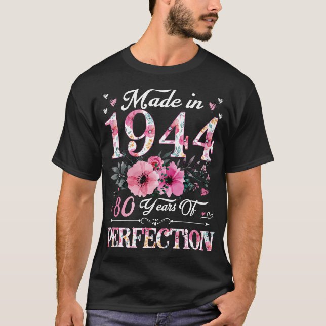 80-årig gåva 1944 Blommigt 80:e födelsedagspresent T Shirt (Framsida)