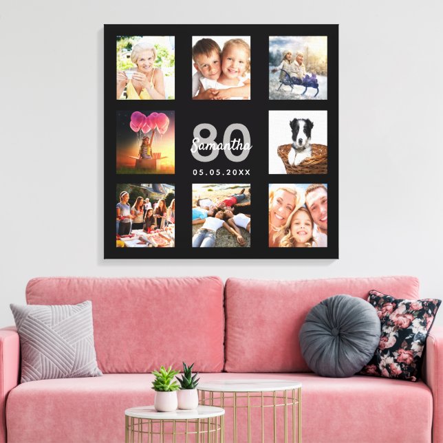 80 års anpassningsbar fotokollage svart monogram canvastryck (Insitu (Vardagsrum))