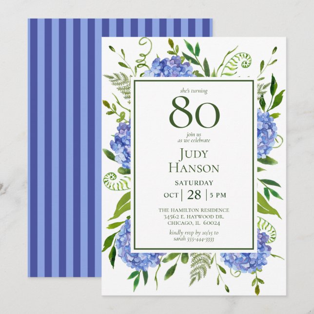 80-års Blå Hydrangeor Inbjudningar (Fram/baksida)