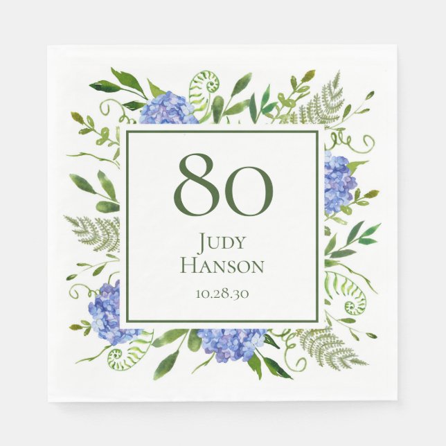 80-års Blå Hydrangeor Pappersservett (Framsidan)