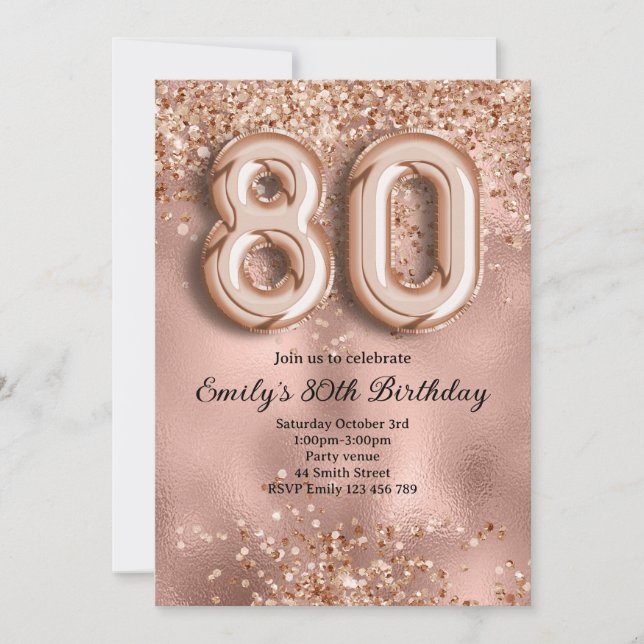 80-års Födelsedag Rosa Guld Glitter Inbjudningar (Framsida)