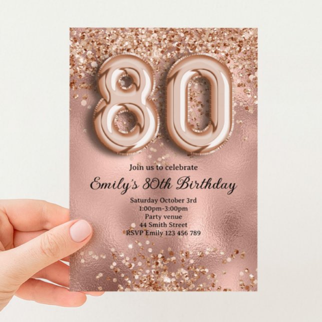 80-års Födelsedag Rosa Guld Glitter Inbjudningar (Skapare uppladdad)