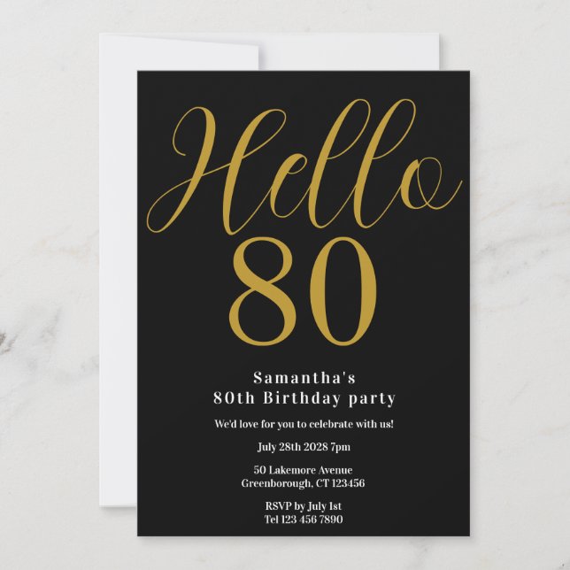 80-års födelsedag Svart Guld Chic Födelsedag Inbjudningar (Framsida)