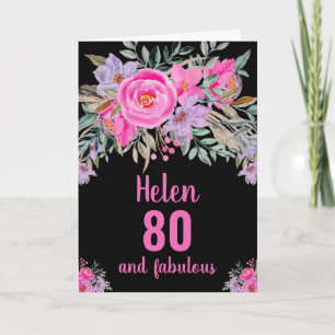 80-års födelsedag svart rosa akvarell blomkort kort