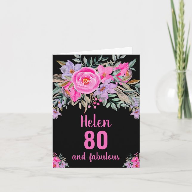 80-års födelsedag svart rosa vattenfärg blommig ko kort (Framsida)