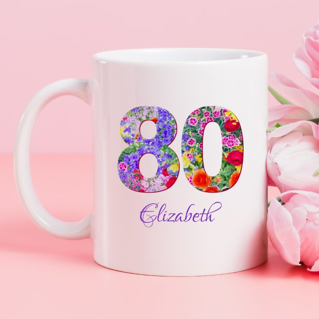 80-års födelsedags blommig färgrik namnmugg kaffemugg (Skapare uppladdad)
