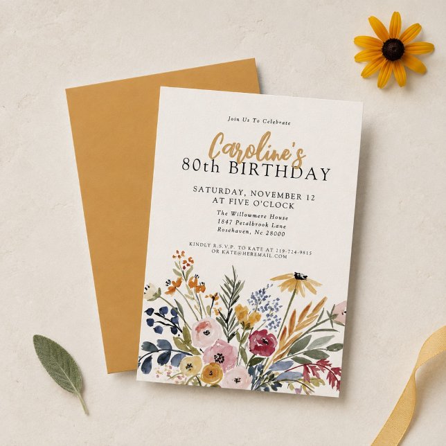 80-års födelsedags Elegant Höst Aquarell Blommor Inbjudningar (Skapare uppladdad)