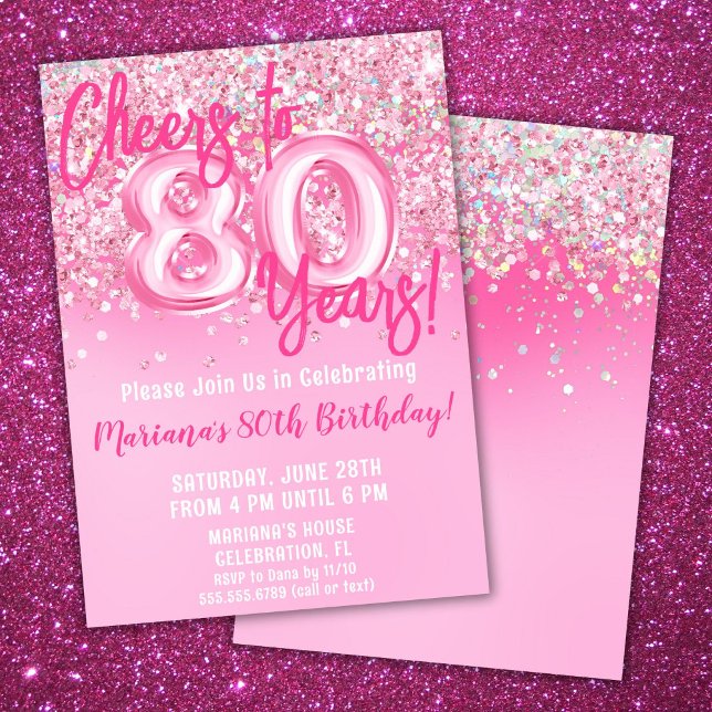 80-års födelsedagsfest med rosa glitter inbjudningar (Skapare uppladdad)