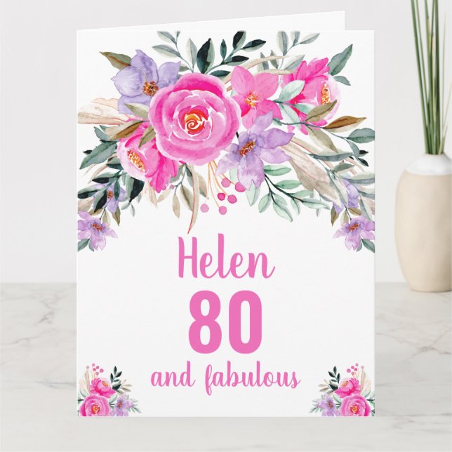 80-års födelsedagskort med rosa akvarellblommor kort (Framsida)