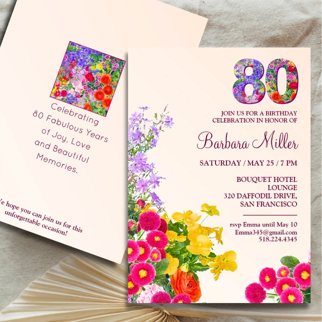 80 års modern blommigt i födelsedagsfesten party inbjudningar (Skapare uppladdad)