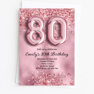 80-års rosa glitter-födelsedag inbjudningar