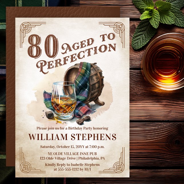 80-års Scotch Födelsedagsfest i Perfektion Inbjudningar (Aged to Perfection 90th Birthday Party Scotch Whiskey Invitation for Men)