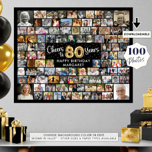 80-årsdag 100 Bilder Svart Guld Skål För Året Poster
