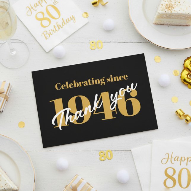80-årsdag 1946 Retro svart och guld Tack Kort (1946 than you card. White background.)