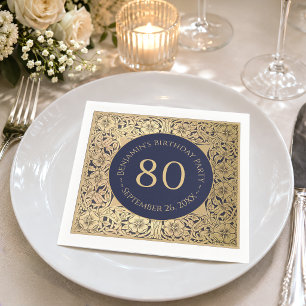 80-årsdag Elegant Vintage Guld Rosor Marinblå Pappersservett