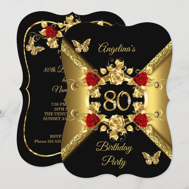 80-årsdag Eleganta Gula Röda Rosor Svarta Inbjudningar (Fram/baksida)