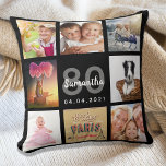 80-årsdag, fotokollage kvinna svart kudde<br><div class="desc">En unik gåva till 80-årsdagen för en kvinna som firar sitt liv med en kollage av 8 av dina egna foton, bilder. Anpassa och lägg till hennes namn, 80 år och en dejt. Chicens svarta bakgrund. Grått och vitt brev och nummer. Namn är skrivet med ett modernt handskript i stil....</div>