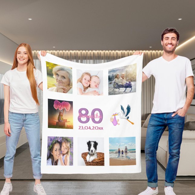 80-årsdag fotokollage vit fleecefilt (Skapare uppladdad)
