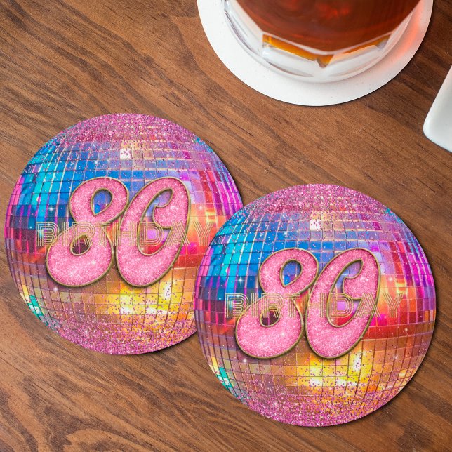 80-årsdag Guld Rosa Glitter Dansande Disco Boll Underlägg Papper Rund (Skapare uppladdad)