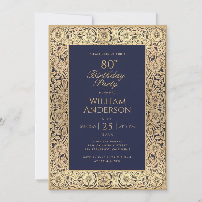80-årsdag Marinblå Guldrösa Elegant Vintage Inbjudningar (Framsida)