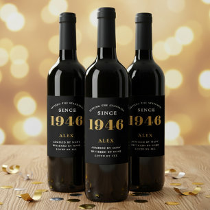 80-årsdag Namn 1946 Svart Guld Elegant Chic Vinflaska Etikett
