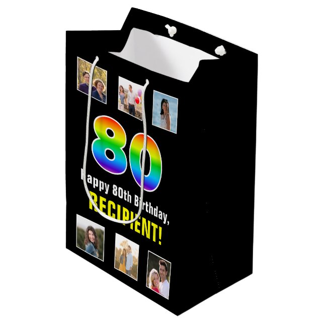 80-årsdag: Regnbåge “80“, Anpassade foton & namn (Framsidan Vinklad)