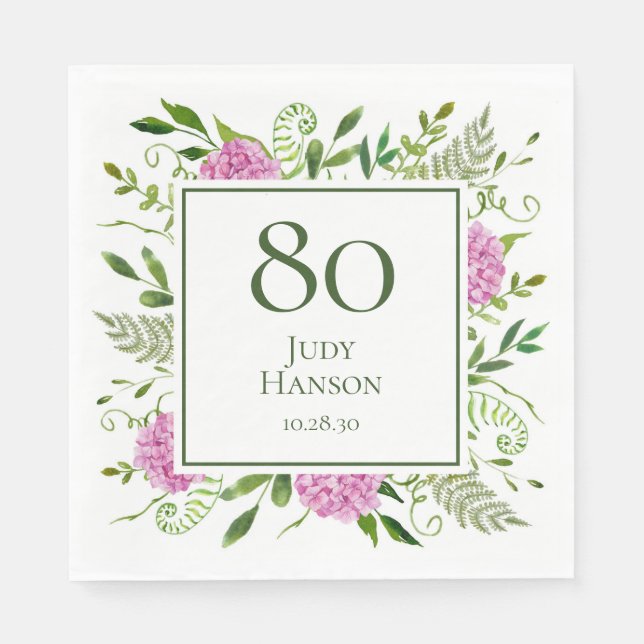 80-årsdag Rosa Hydrangeor Pappersservett (Framsidan)