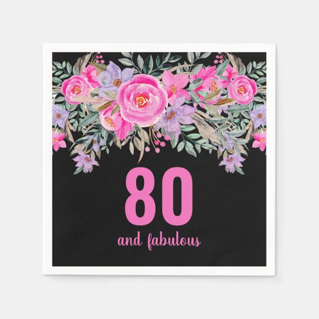 80-årsdag rosa svarta blommigt party blöjor pappersservett (Framsidan)