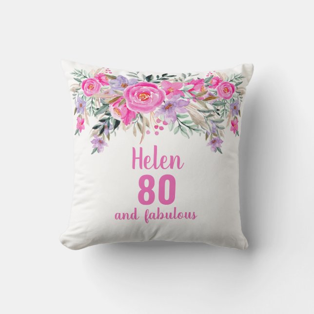80-årsdag rosa vattenfärgsfärgad blommigt dekorati kudde (Framsida)