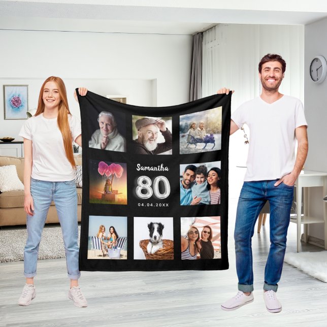 80-årsdag svart fotokollage i silver namn fleecefilt (Skapare uppladdad)