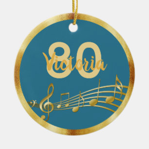80-årsdag teal blue grönt guld musik noter julgransprydnad keramik