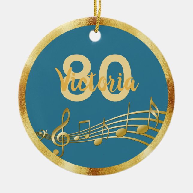 80-årsdag teal blue grönt guld musik noter julgransprydnad keramik (Framsidan)