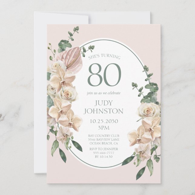 80-årsdag Tropisk Blomma Inbjudningar (Framsida)