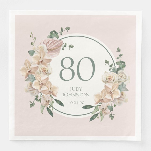 80-årsdag Tropisk Blomma Pappersservett (Framsida)