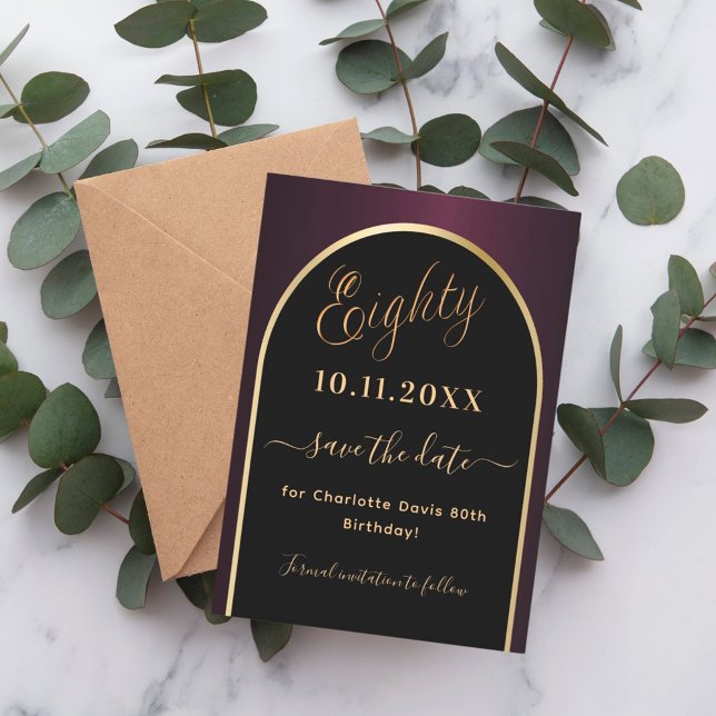 80-årsdagars svart burgundy guld arch spara datumet (Skapare uppladdad)