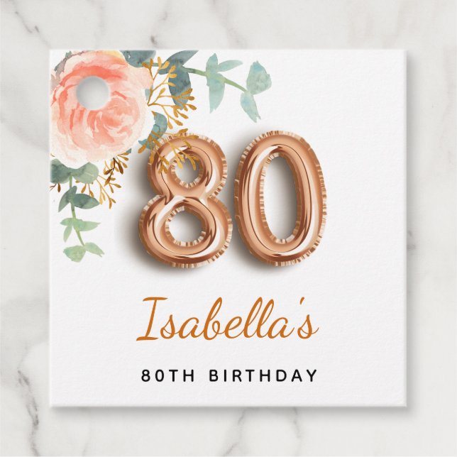 80-årsdagen blommigt ro guld eucalyptus monogram gåvor etiketter (Framsida)