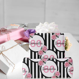 80-årsdagen chic rosa ros svartvit rand presentpapper