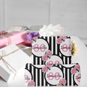 80-årsdagen chic rosa ros svartvit rand presentpapper