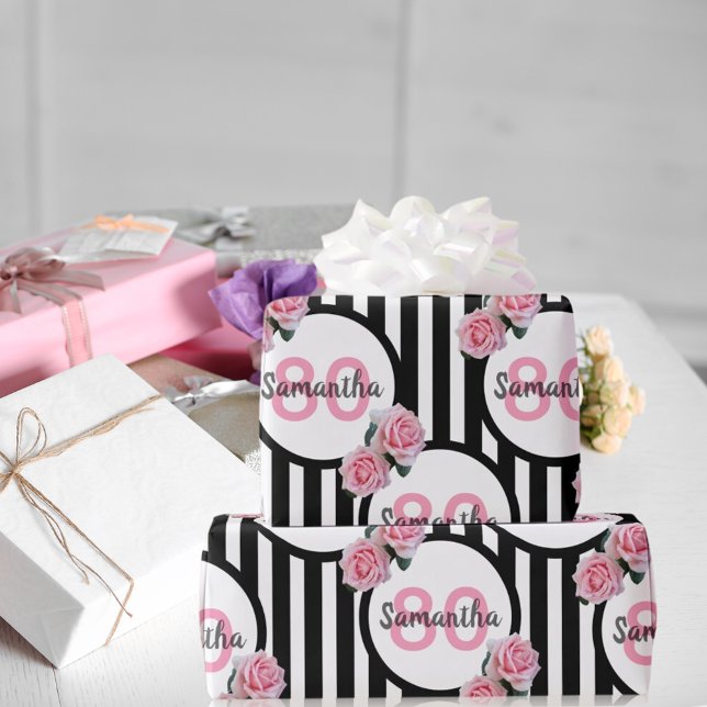 80-årsdagen chic rosa ros svartvit rand presentpapper (Skapare uppladdad)