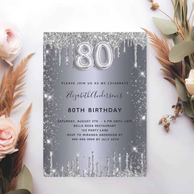 80-årsdagen för dammglam från silver metall glitte inbjudningar (Skapare uppladdad)