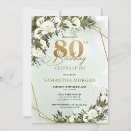 80-årsdagen för Olive Grey guld ram vit ros Inbjudningar