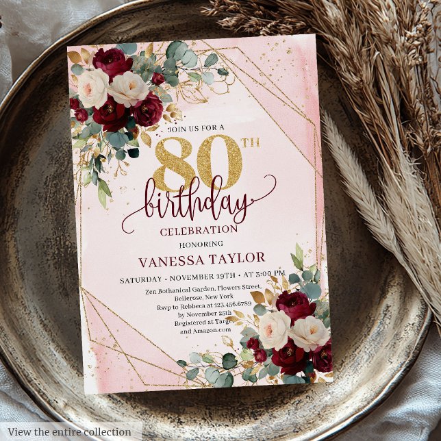 80-årsdagen för sofistikerad Boho Maroon Guld Ro Inbjudningar (Sophisticated Boho Maroon Gold Roses 80th Birthday Invitation)