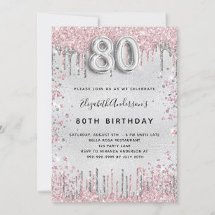 80-årsdagen silver rosa glitter stoft från metall inbjudningar