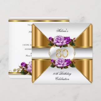 80-årsfest Elegant Lila Guld Rosor B Inbjudningar