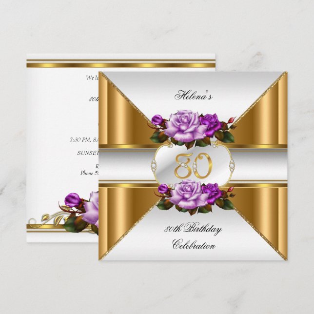 80-årsfest Elegant lila guldrosor B Inbjudningar (Fram/baksida)