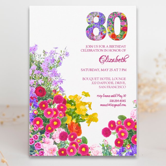 80-årsfest födelsedagsfirande modern blomsterinbju inbjudningar (Skapare uppladdad)